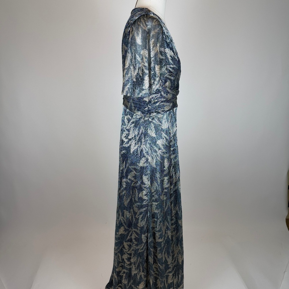 NWT R&M Richards Blue Gold Leaf Metallic Pleated Flutter Sleeve Dress Gown Sz 6 - Picture 7 of 14